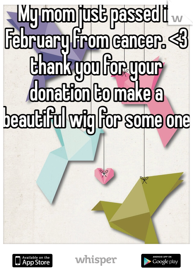 My mom just passed in February from cancer. <3 thank you for your donation to make a beautiful wig for some one