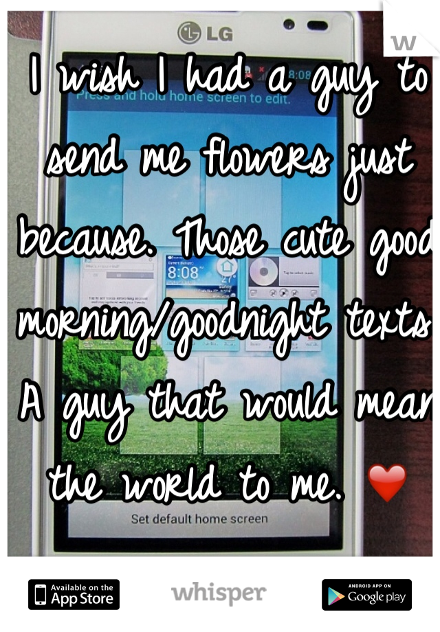 I wish I had a guy to send me flowers just because. Those cute good morning/goodnight texts. A guy that would mean the world to me. ❤️