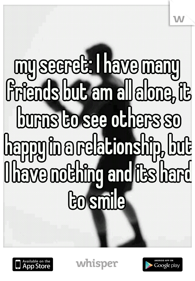 my secret: I have many friends but am all alone, it burns to see others so happy in a relationship, but I have nothing and its hard to smile 