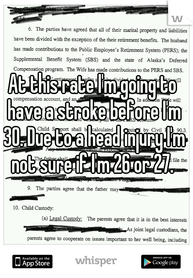 At this rate I'm going to have a stroke before I'm 30. Due to a head injury I'm not sure if I'm 26 or 27. 