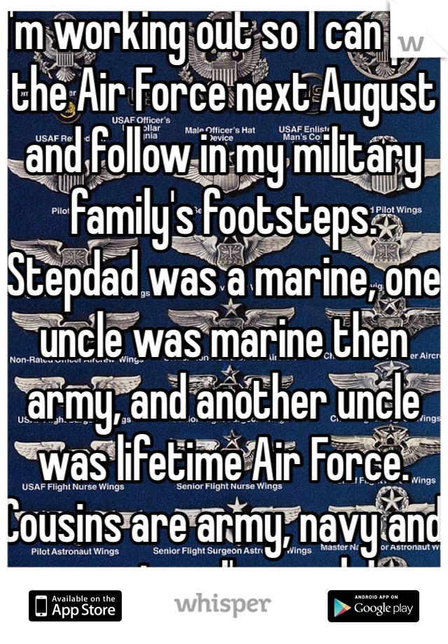 I'm working out so I can join the Air Force next August and follow in my military family's footsteps. Stepdad was a marine, one uncle was marine then army, and another uncle was lifetime Air Force. Cousins are army, navy and marines. I'm ready! 