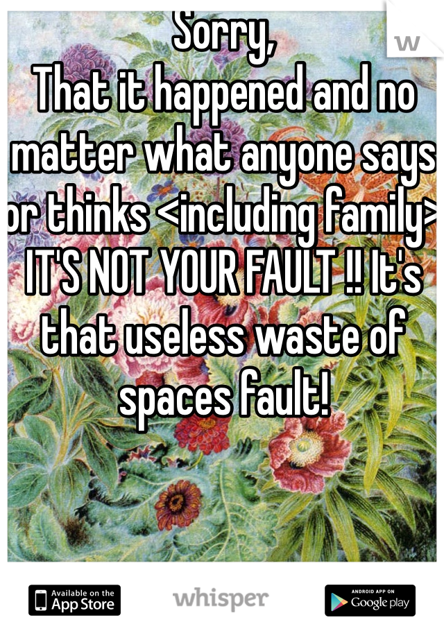 Sorry, 
That it happened and no matter what anyone says or thinks <including family>
IT'S NOT YOUR FAULT !! It's that useless waste of spaces fault!