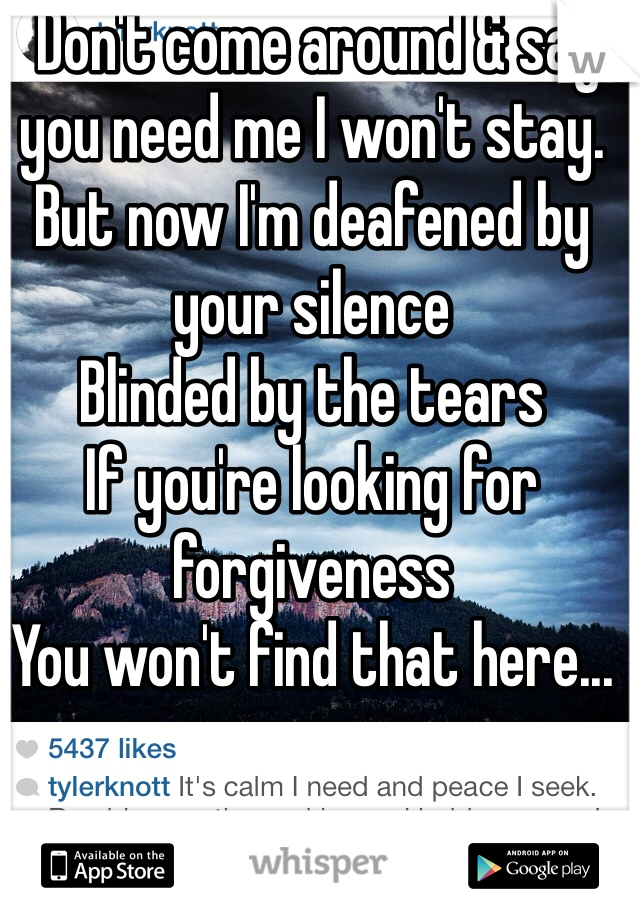  Don't come around & say you need me I won't stay. But now I'm deafened by your silence
Blinded by the tears
If you're looking for forgiveness 
You won't find that here...
