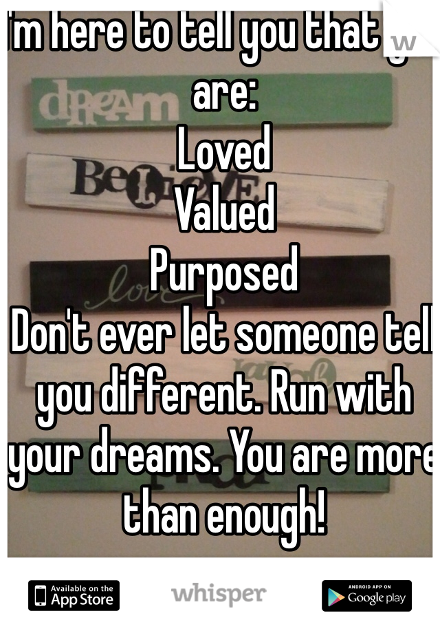 I'm here to tell you that you are:
Loved
Valued
Purposed
Don't ever let someone tell you different. Run with your dreams. You are more than enough! 