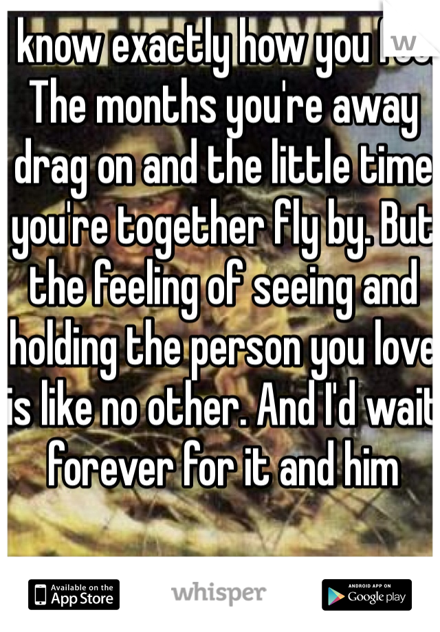 I know exactly how you feel. The months you're away drag on and the little time you're together fly by. But the feeling of seeing and holding the person you love is like no other. And I'd wait forever for it and him