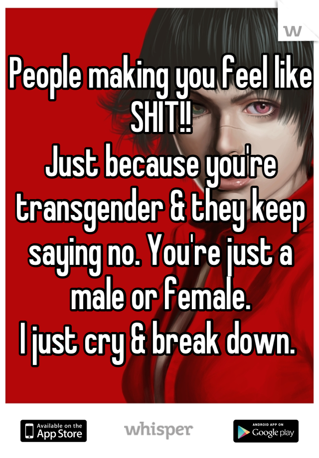 People making you feel like 
SHIT!!
Just because you're transgender & they keep saying no. You're just a male or female. 
I just cry & break down. 