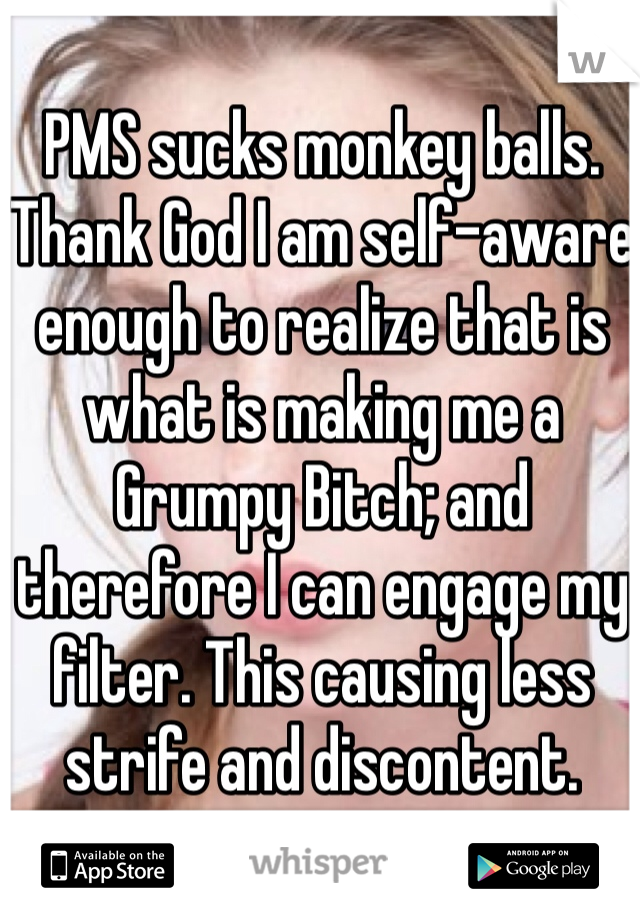 PMS sucks monkey balls.
Thank God I am self-aware enough to realize that is what is making me a Grumpy Bitch; and therefore I can engage my filter. This causing less strife and discontent.