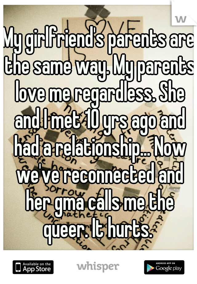 My girlfriend's parents are the same way. My parents love me regardless. She and I met 10 yrs ago and had a relationship... Now we've reconnected and her gma calls me the queer. It hurts. 