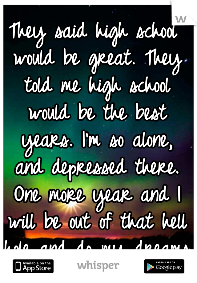 They said high school would be great. They told me high school would be the best years. I'm so alone, and depressed there. One more year and I will be out of that hell hole and do my dreams.