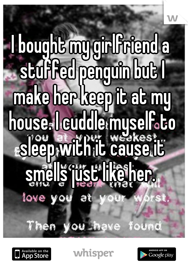 I bought my girlfriend a stuffed penguin but I make her keep it at my house. I cuddle myself to sleep with it cause it smells just like her. 