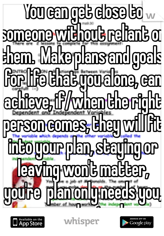 You can get close to someone without reliant on them.  Make plans and goals for life that you alone, can achieve, if/when the right person comes, they will fit into your plan, staying or leaving won't matter, you're  plan only needs you, everyone else is a bonus