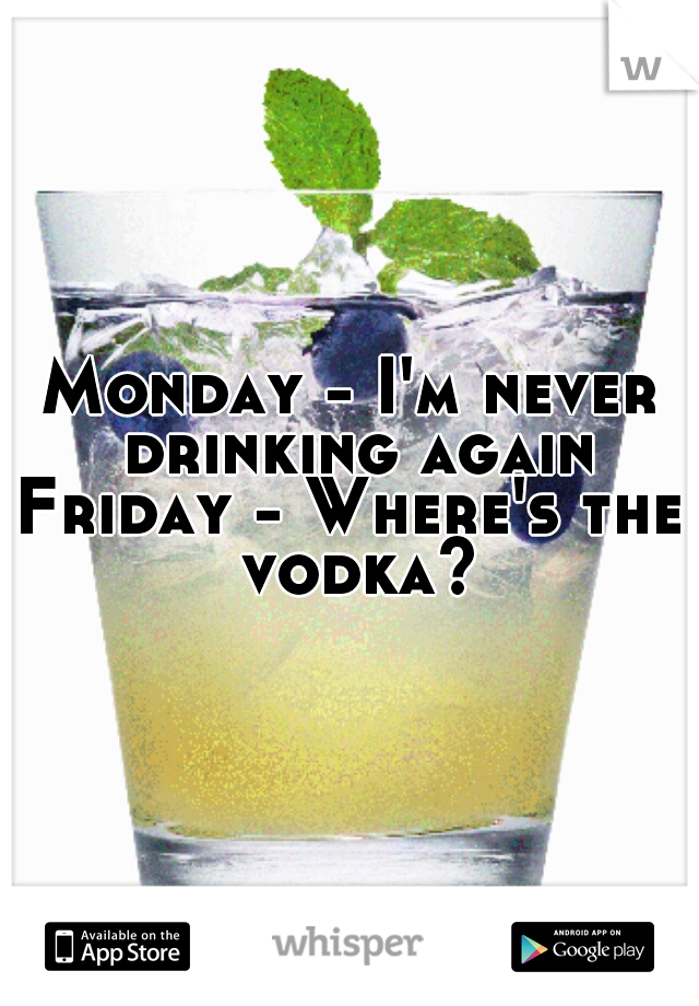 Monday - I'm never drinking again
Friday - Where's the vodka?