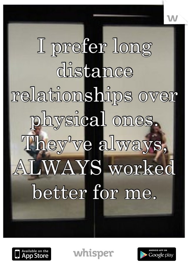 
I prefer long distance relationships over physical ones. They've always, ALWAYS worked better for me.