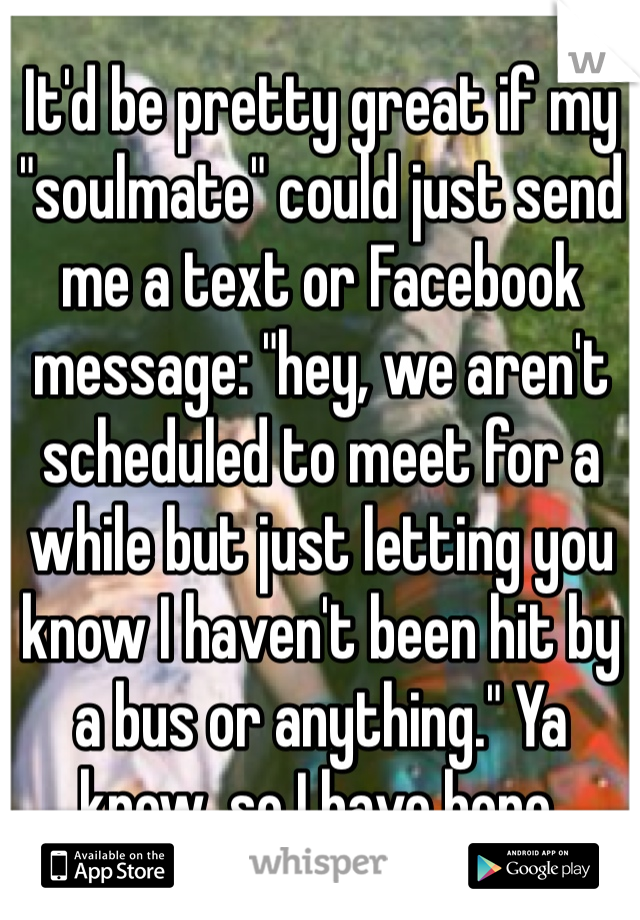 It'd be pretty great if my "soulmate" could just send me a text or Facebook message: "hey, we aren't scheduled to meet for a while but just letting you know I haven't been hit by a bus or anything." Ya know, so I have hope.