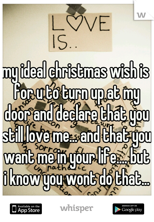 my ideal christmas wish is for u to turn up at my door and declare that you still love me... and that you want me in your life.... but i know you wont do that...