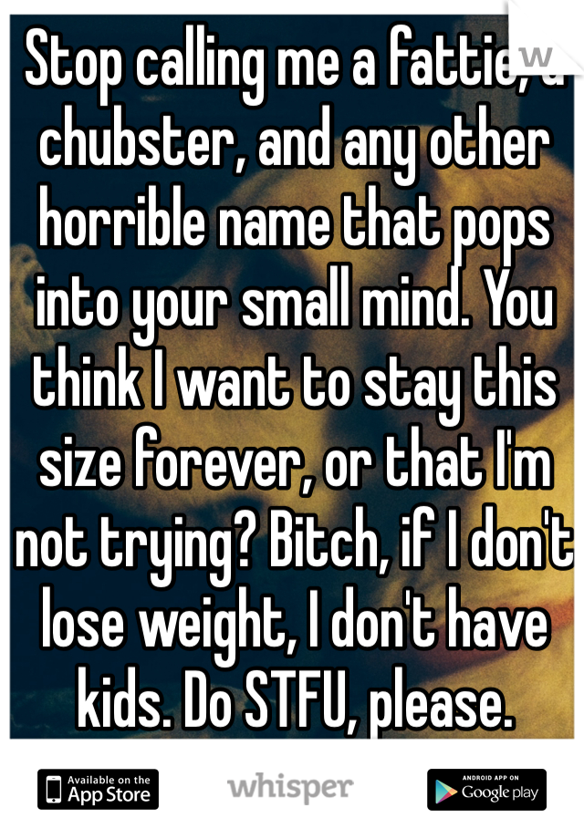 Stop calling me a fattie, a chubster, and any other horrible name that pops into your small mind. You think I want to stay this size forever, or that I'm not trying? Bitch, if I don't lose weight, I don't have kids. Do STFU, please.