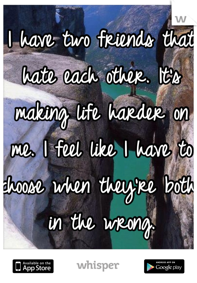 I have two friends that hate each other. It's making life harder on me. I feel like I have to choose when they're both in the wrong.