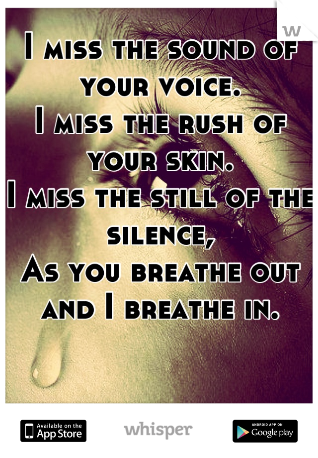 I miss the sound of your voice.
I miss the rush of your skin.
I miss the still of the silence,
As you breathe out and I breathe in.