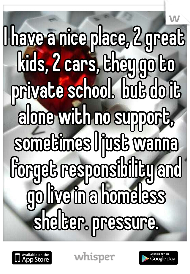 I have a nice place, 2 great kids, 2 cars, they go to private school.  but do it alone with no support, sometimes I just wanna forget responsibility and go live in a homeless shelter. pressure.