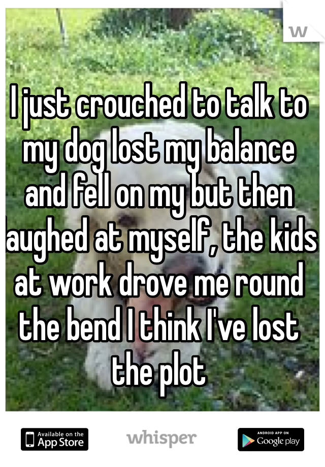 I just crouched to talk to my dog lost my balance and fell on my but then laughed at myself, the kids at work drove me round the bend I think I've lost the plot