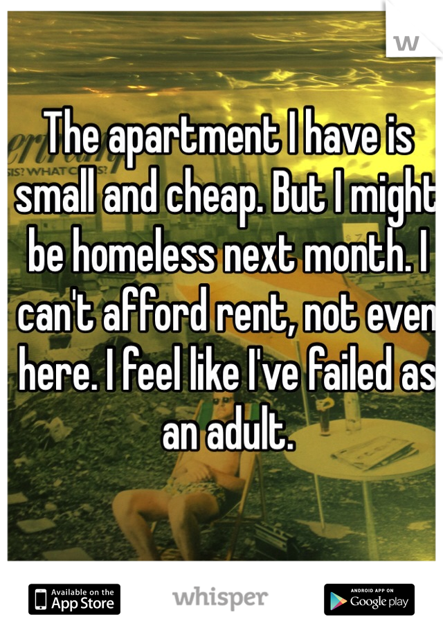 The apartment I have is small and cheap. But I might be homeless next month. I can't afford rent, not even here. I feel like I've failed as an adult. 