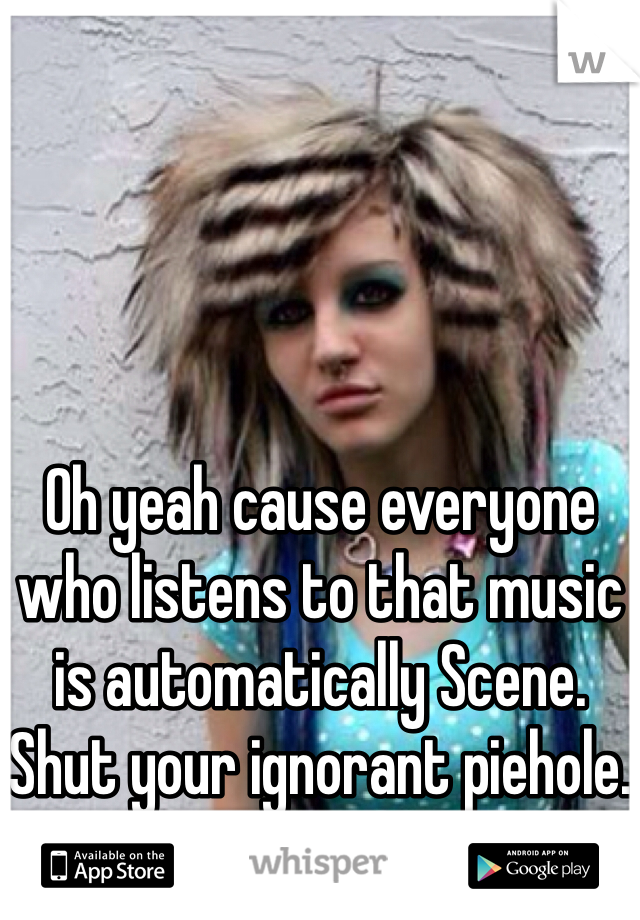 Oh yeah cause everyone who listens to that music is automatically Scene. 
Shut your ignorant piehole.