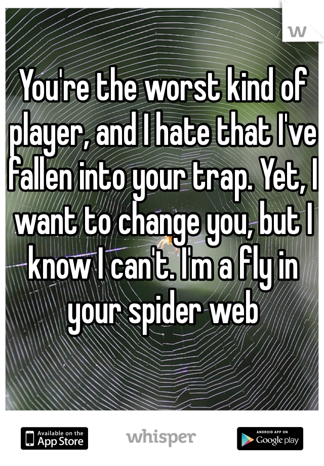 You're the worst kind of player, and I hate that I've fallen into your trap. Yet, I want to change you, but I know I can't. I'm a fly in your spider web 