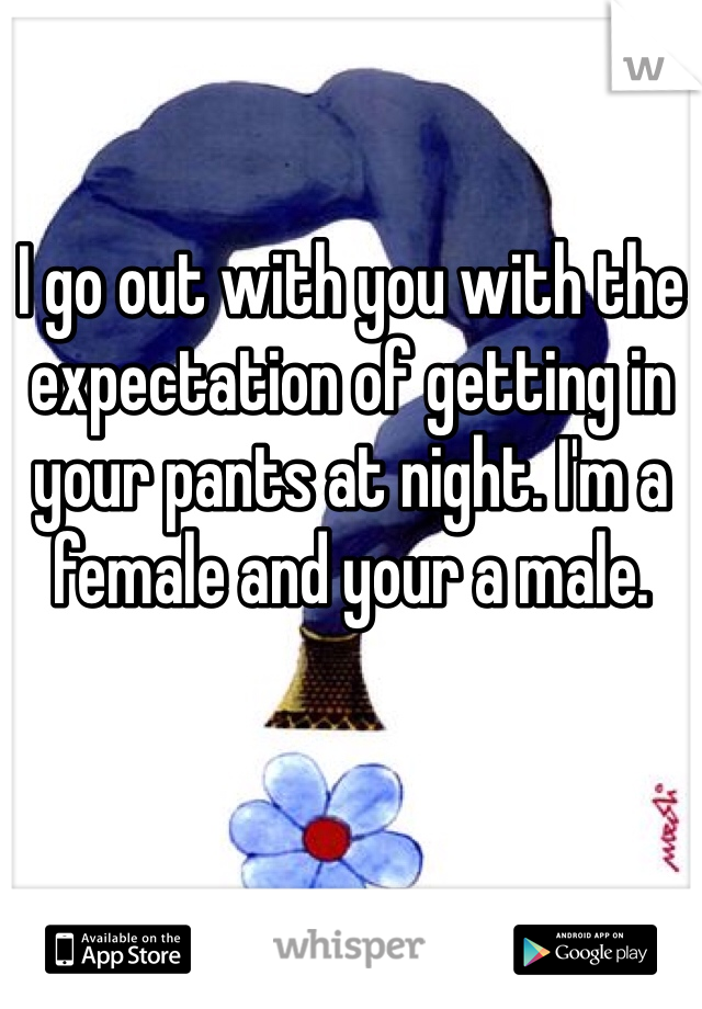 I go out with you with the expectation of getting in your pants at night. I'm a female and your a male. 