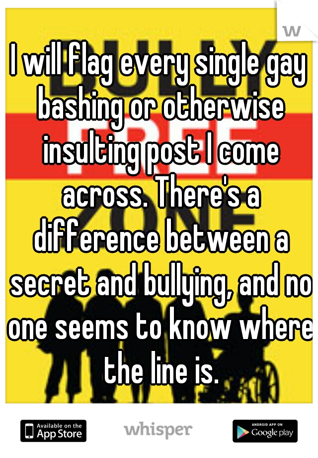 I will flag every single gay bashing or otherwise insulting post I come across. There's a difference between a secret and bullying, and no one seems to know where the line is.