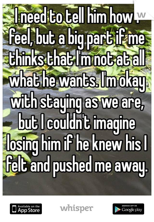 I need to tell him how I feel, but a big part if me thinks that I'm not at all what he wants. I'm okay with staying as we are, but I couldn't imagine losing him if he knew his I felt and pushed me away.