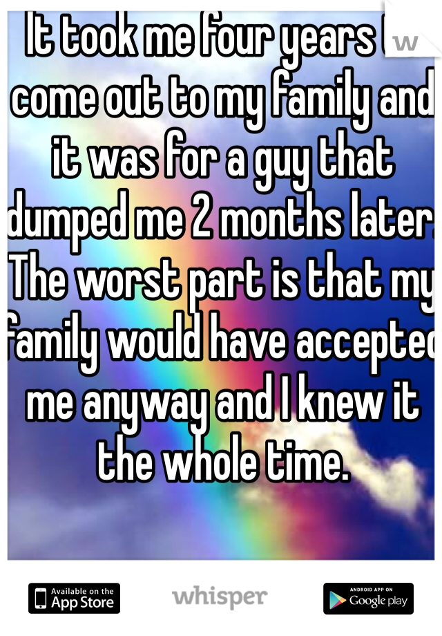 It took me four years to come out to my family and it was for a guy that dumped me 2 months later. 
The worst part is that my family would have accepted me anyway and I knew it the whole time. 
