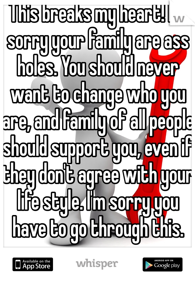 This breaks my heart! I'm sorry your family are ass holes. You should never want to change who you are, and family of all people should support you, even if they don't agree with your life style. I'm sorry you have to go through this.