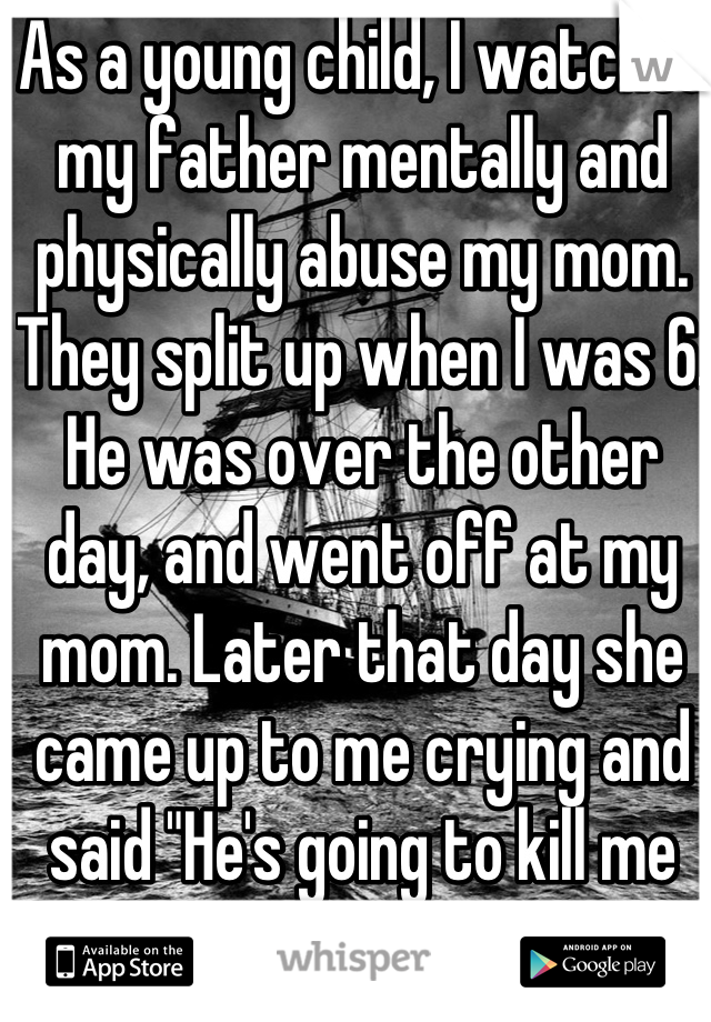 As a young child, I watched my father mentally and physically abuse my mom. They split up when I was 6. He was over the other day, and went off at my mom. Later that day she came up to me crying and said "He's going to kill me someday, ya know."
