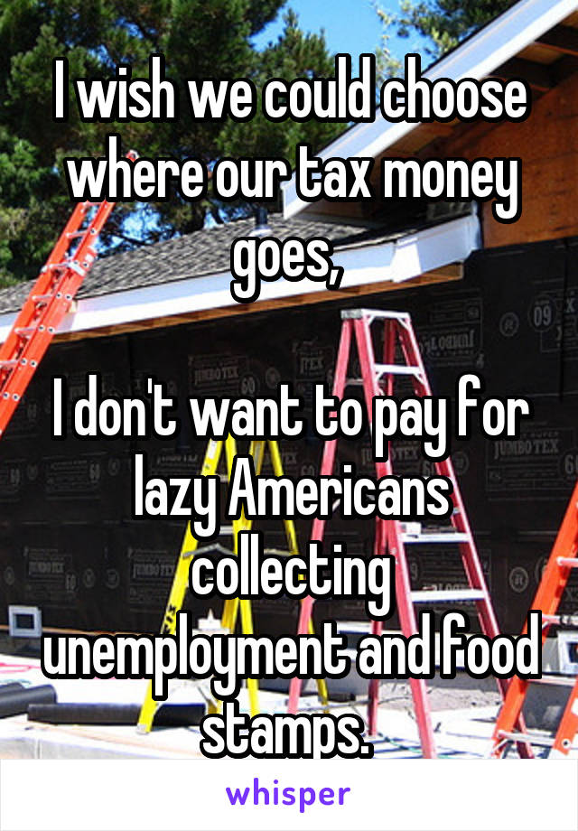 I wish we could choose where our tax money goes, 

I don't want to pay for lazy Americans collecting unemployment and food stamps. 