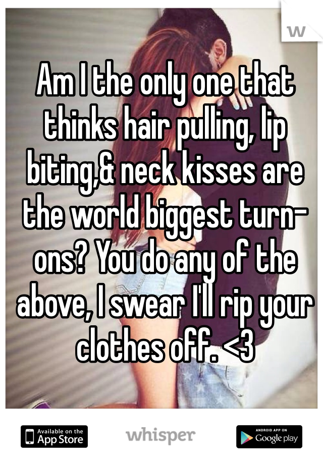 Am I the only one that thinks hair pulling, lip biting,& neck kisses are the world biggest turn-ons? You do any of the above, I swear I'll rip your clothes off. <3 