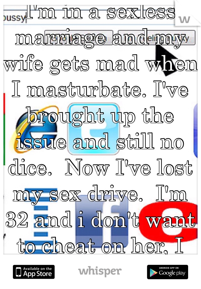 I'm in a sexless marriage and my wife gets mad when I masturbate. I've brought up the issue and still no dice.  Now I've lost my sex drive.  I'm 32 and i don't want to cheat on her, I just want to work and not be at home....this is an epic failure of a marriage