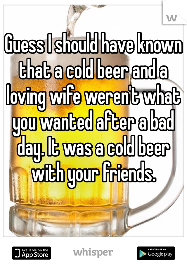 Guess I should have known that a cold beer and a loving wife weren't what you wanted after a bad day. It was a cold beer with your friends.