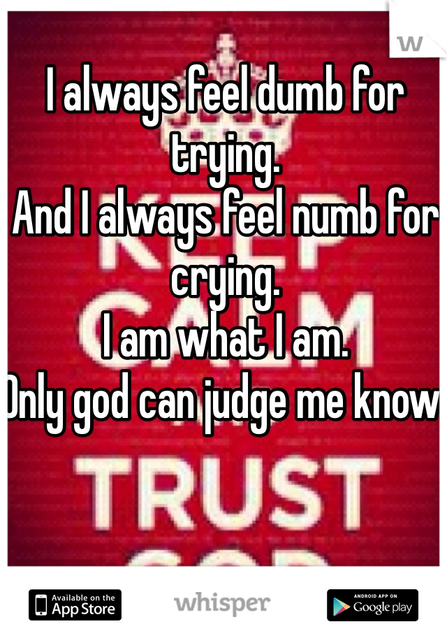 I always feel dumb for trying.  
And I always feel numb for crying. 
I am what I am. 
Only god can judge me know. 