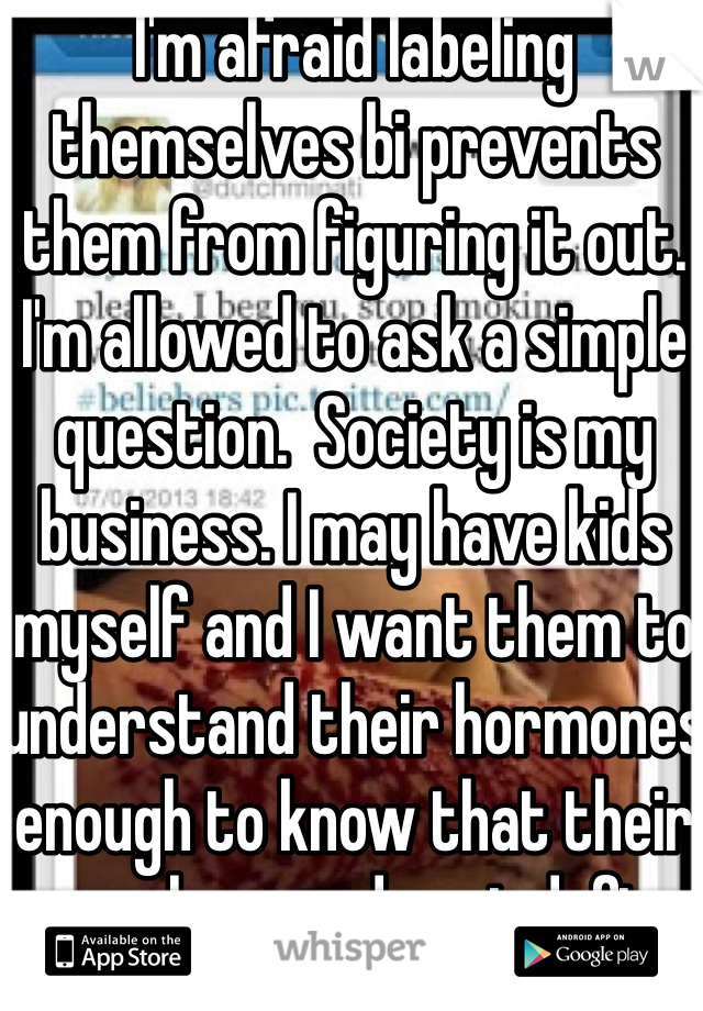 I'm afraid labeling themselves bi prevents them from figuring it out. I'm allowed to ask a simple question.  Society is my business. I may have kids myself and I want them to understand their hormones enough to know that their sexual urges do not define them.