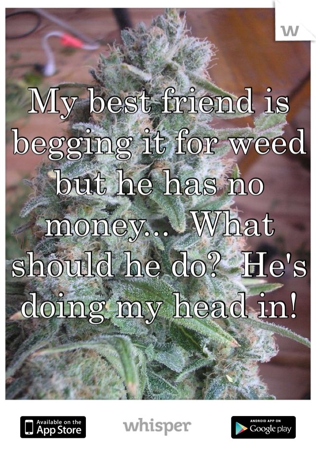 My best friend is begging it for weed but he has no money...  What should he do?  He's doing my head in!