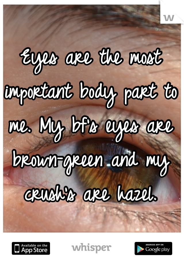 Eyes are the most important body part to me. My bf's eyes are brown-green and my crush's are hazel.