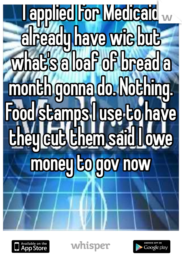 I applied for Medicaid already have wic but what's a loaf of bread a month gonna do. Nothing. Food stamps I use to have they cut them said I owe money to gov now 