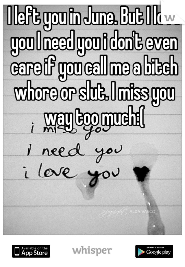 I left you in June. But I love you I need you i don't even care if you call me a bitch whore or slut. I miss you way too much:(