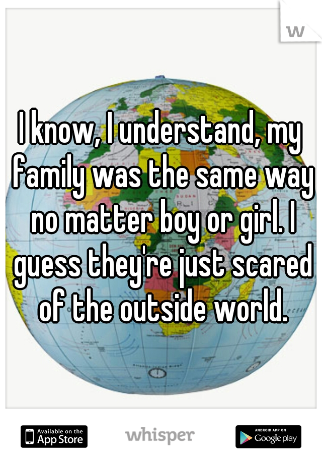I know, I understand, my family was the same way no matter boy or girl. I guess they're just scared of the outside world.