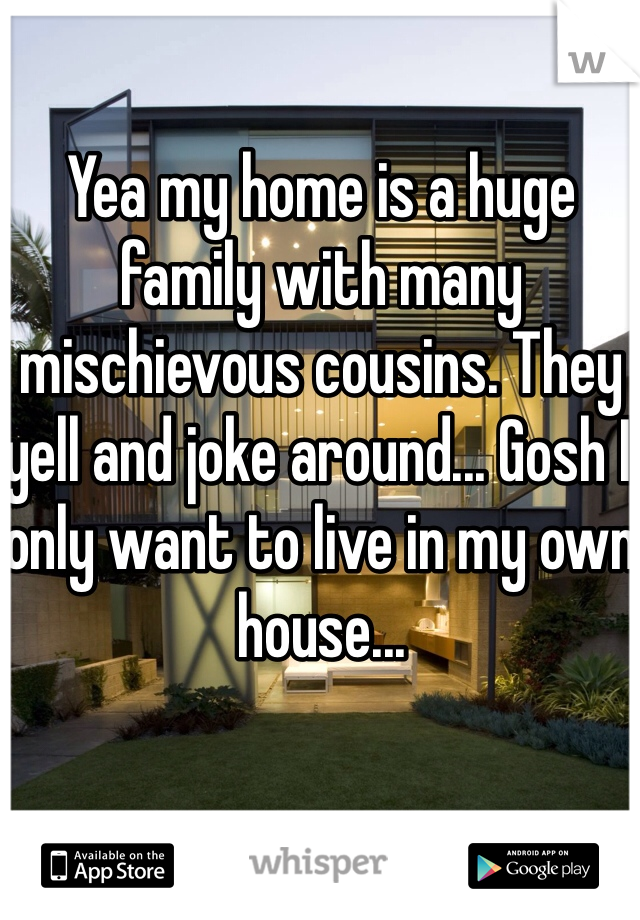 Yea my home is a huge family with many mischievous cousins. They yell and joke around... Gosh I only want to live in my own house...