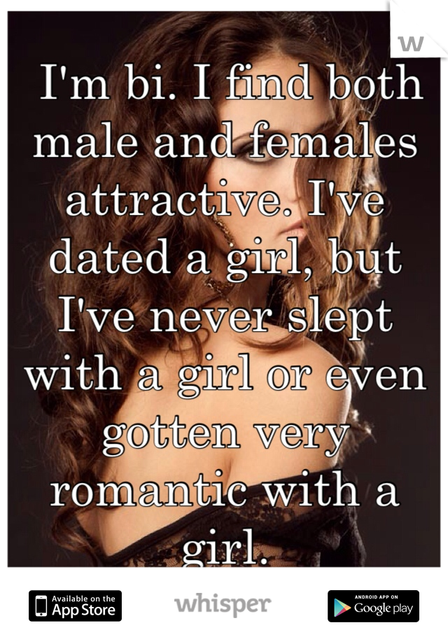  I'm bi. I find both male and females attractive. I've dated a girl, but I've never slept with a girl or even gotten very romantic with a girl. 