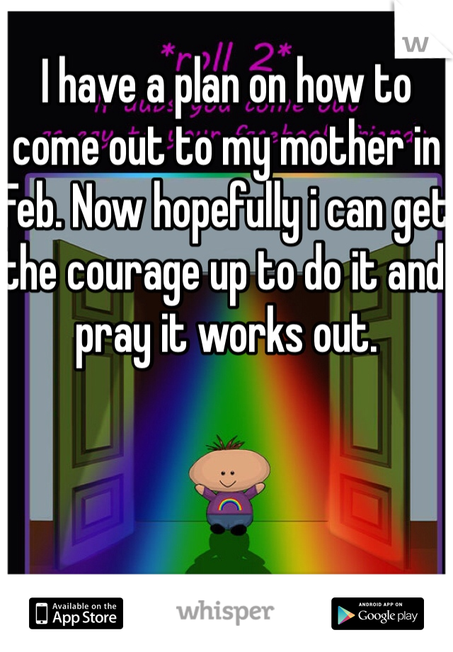I have a plan on how to come out to my mother in Feb. Now hopefully i can get the courage up to do it and pray it works out.