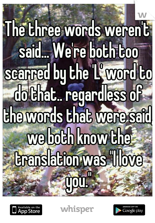 The three words weren't said... We're both too scarred by the 'L' word to do that.. regardless of the words that were said, we both know the translation was "I love you."