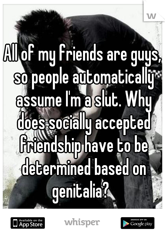 All of my friends are guys, so people automatically assume I'm a slut. Why does socially accepted friendship have to be determined based on genitalia?  