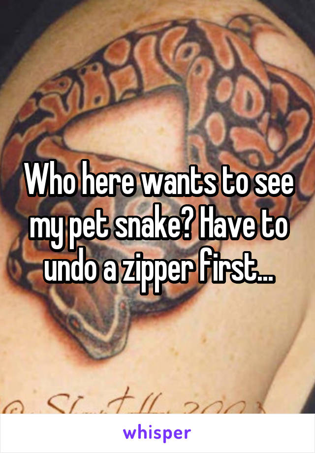 Who here wants to see my pet snake? Have to undo a zipper first...